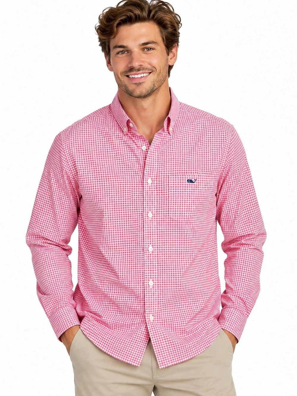 Vineyard Vines Men’s M Performance Tucker Shirt Pink Gingham Classic Fit